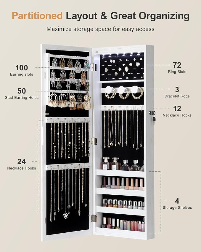 Nicetree 6 LEDs Mirror Jewelry Cabinet, Jewelry Organizer with Full Length Mirror, Wall/Door Mounted Jewelry Organizer, Full Length Mirror with Storge (Textured White) - Image 3