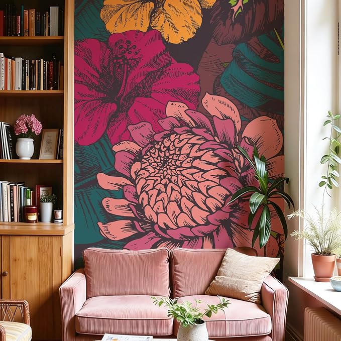 Floral Peel and Stick Wall Mural, Leather Textured Vintage Self-Adhesive Wallpaper for Accent Wall Art Decor, Vintage Flat Floral, Bright, 46.3'' x 98.03'' - Image 2