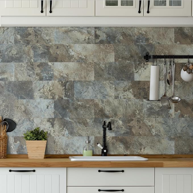 AULIGET 2-Piece Beige & Brown Slate Peel and Stick Backsplash Wall Tiles, 6" x 12" PVC Faux Stone Stick on Tiles for Kitchen Backsplash - Image 3