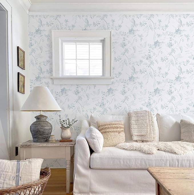 Dimoon 17.3''x394'' Boho Peel and Stick Wallpaper Floral Brid Modern Contact Paper Soft Dusty Blue Retro Wallpaper Removable Renter Friendly Waterproof Embossed Kitchen Bedroom Bathroom Decor Vinyl - Image 3