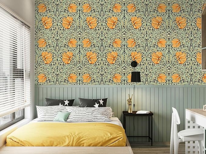 HAOKHOME William Morris Style Wallpaper Floral Orange 17.3in x 32.8ft | Long Peel and Stick Textured Wall Paper Renter Friendly Removable Black Green Yellow Floral Bathroom Bedroom Contact Paper - Image 4