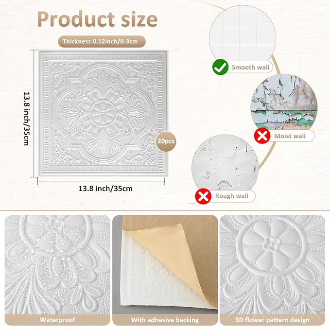 Nuanchu 40 Pcs 13.8 x 13.8 Inch Ceiling Tiles Peel and Stick, Exquisite | Foam White 3D Wall Panels 26-105.5 Sq. ft Adhesive Glue up Waterproof Wallpaper for DIY Office Home - Image 2