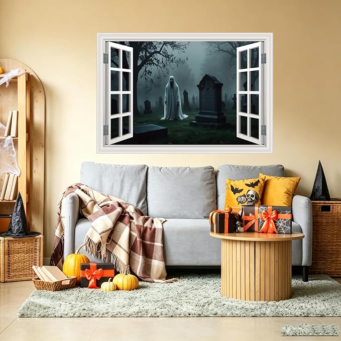 Halloween Fake Window Wall Decals Scary Cemetery Terror Art Poster Sticker | ｜Faux Window Terror Spooky Ghosts Mural ｜ Stick and Peel Wall Decal｜for Halloween Home Scene Decor｜24"x16" - Image 7