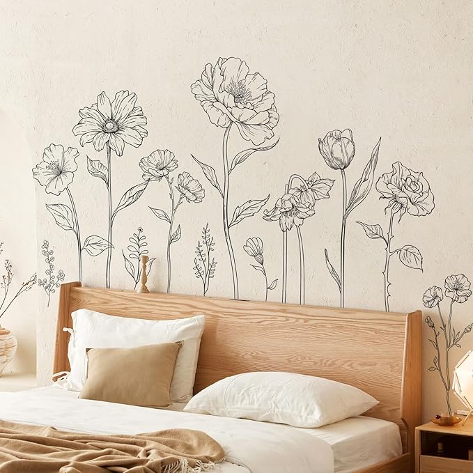 Large Black Boho Flower Wall Decals, 3 Sheets Simple Sketch Floral Wall Stickers Peony Wildflower Peel Stick Wall Art Decor Bedroom Home Room Office Garden Hall Adult Gifts for Mom(11.8x35.4 in/Sheet) - Image 4