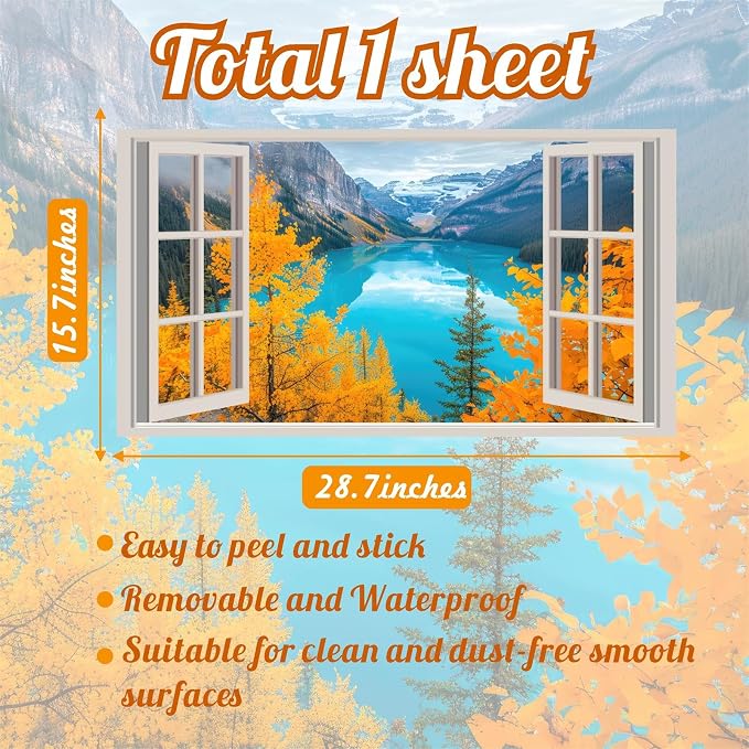 3D Nature Fake Windows Wall Decals Autumn Forest Tree Wall Art Murals Decal Peel and Stick Fall Mountain Lake Sticker Faux Window Landscape Poster Pictures Decals for Bedroom Office Kitchen - Image 4