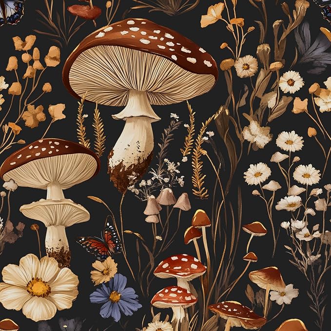 BOKEBEVE Mushoroom Wallpaper Peel and Stick Boho Black Brown 17.5 x 787In | Super Long Removable Renter Friendly Vintage Floral Wall Paper for Bedroom Bathroom Cabinet Drawer Feature Accent Wall by BOKEBEVE