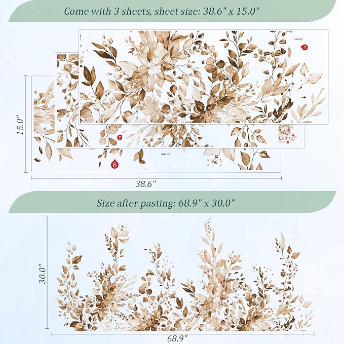 Brown Plants Leaves Wall Decals Peel and Stick, Large Floral Flowers Vinyl Wall Stickers, Removable Vine Home Decor Art for Bedroom Living Room Classroom Office - Image 2