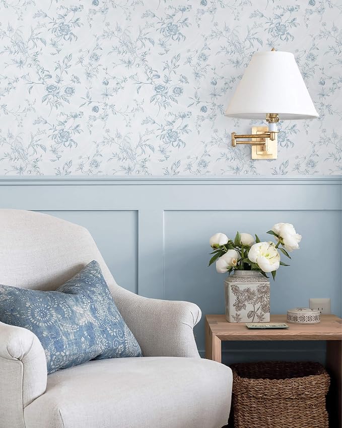 Ismoon Blue Wallpaper Peel and Stick Floral Vintage Stick on Wall Paper French Textured Contact Paper for Cabinet Removable Self Adhesive Wallpaper Vinyl Roll Shelf Deco, 17.3x787in - Image 4