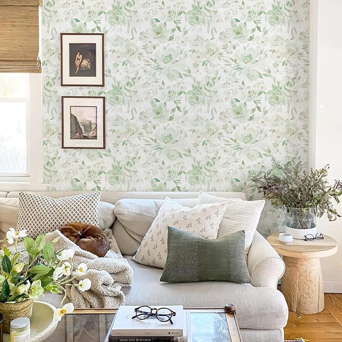 Ismoon Green Floral Peel Stick Wallpaper Boho Stick on Wallpaper | Watercolor Contact Paper for Cabinet Removable Self Adhesive Vinyl Wallpaper for Girl Bedroom Accent Wall Decor 17.3x393in - Image 4