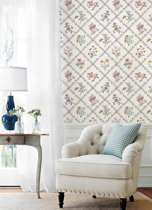16.9in x118in Red Floral Peel and Stick Wallpaper Watercolor Floral Leaf | Boho Self Adhesive Wallpaper Modern Trellis Contact Paper DIY Removable Wallpaper for Bedroom Cabinets Drawers Decor Vinyl - Image 3