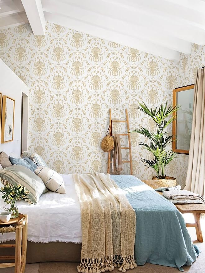 Dimoon Beige Peel and Stick Wallpaper Coastal Contact Paper Bathroom Ocean Wallpaper Boho Jellyfish Renter Friendly Waterproof for Cabinet Kitchen Bedroom Vinyl 17.3''x197'' - Image 7