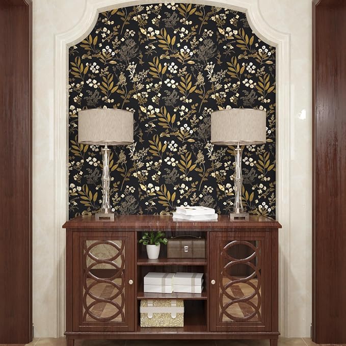 Laatse Vintage Floral Peel and Stick Wallpaper 17.5'' x 78.7'', Black Gold | Self Adhesive/Removable/Waterproof/Thick Vinyl Contact Paper for Bathroom Bedroom Shelf Cabinet Drawer,Prepasted,Easy Peel - Image 7