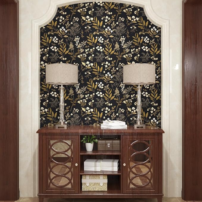 Laatse Vintage Floral Peel and Stick Wallpaper 17.5"x 118", Gold Black | Self Adhesive/Removable/Waterproof/Thick Vinyl Contact Paper for Bathroom Bedroom Shelf Cabinet Drawer,Prepasted,Easy Peel - Image 2