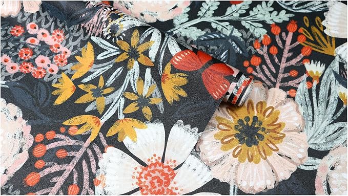 HAOKHOME Floral Wallpaper Peel and Stick Boho Pink Bathroom Contact Paper | Textured Navy Blue Orange Stick on Wall Paper Botanical Renter Friendly Removable Flower Bedroom Accent Decor 17.3in x 9.8ft - Image 9