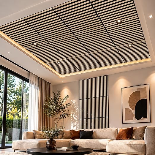 Art3d 6-Pack Acoustic Wood Slat Panel & Ceiling Tile, 2 x 2 ft, Natural Oak | Crack-Resistant, Scratch-Resistant, Eco-Friendly, Durable, Grid Compatible, Ideal for Living Room, Bedroom & Home DIY Upgrade - Image 2