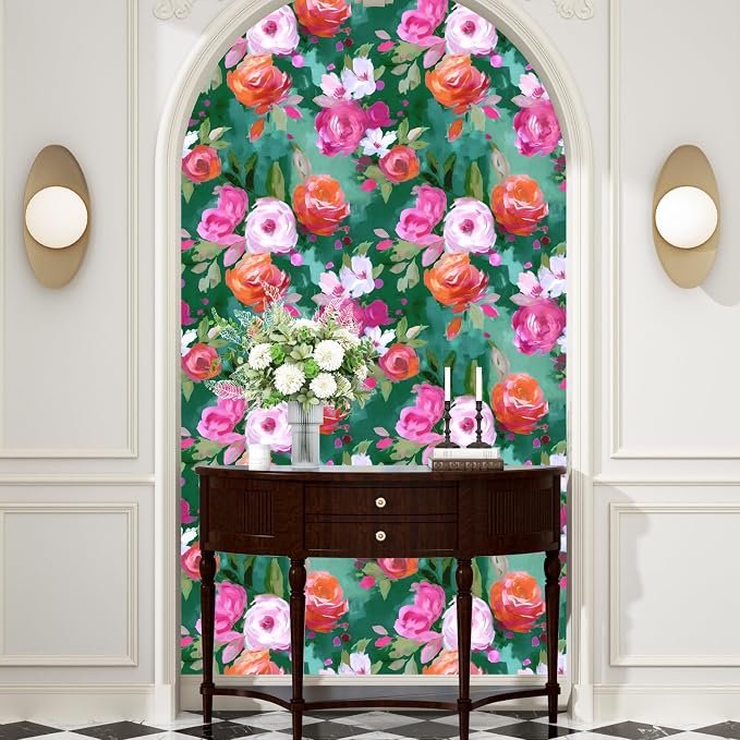BOKEBEVE Floral Wallpaper Peel and Stick Boho Bright Green 17.5 x 118In | Removable Self Adhesive Renter Friendly Colorful Watercolor Wall Paper for Bedroom Bathroom Living Room Accent Wall - Image 3