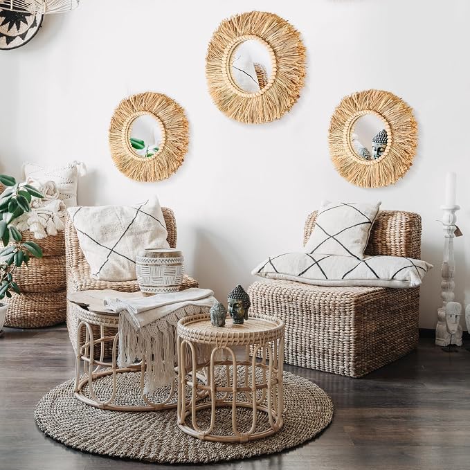 3 Pcs Boho Raffia Round Mirror Wall Hanging Decor with Wood Bead - Image 7