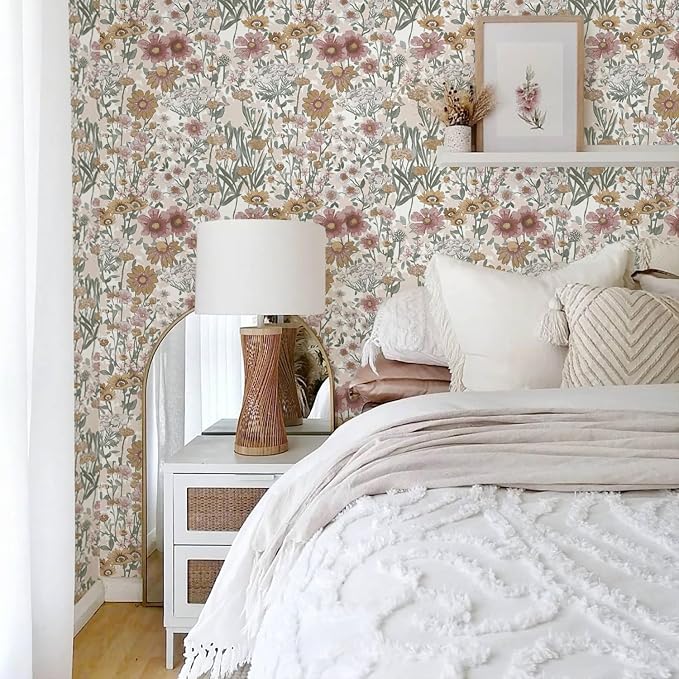 Orainege Vintage Peel and Stick Wallpaper Daisy Floral Wallpaper | 16.9in x196.8in Boho Floral Contact Paper Self Adhesive Removable Wall Paper for Bedroom Living Room Decor Vinyl Roll - Image 2