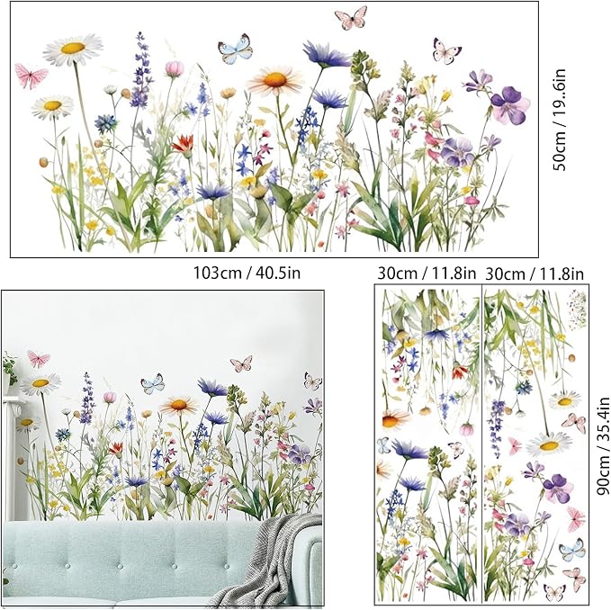 Wildflower Grass Daisy Wall Decals, Garden Floral Butterflies Flower Wall Stickers, BWCXXZH Self-Adhesive Wall Art Stickers for Girls Bedroom Living Room Nursery Decor - Image 2
