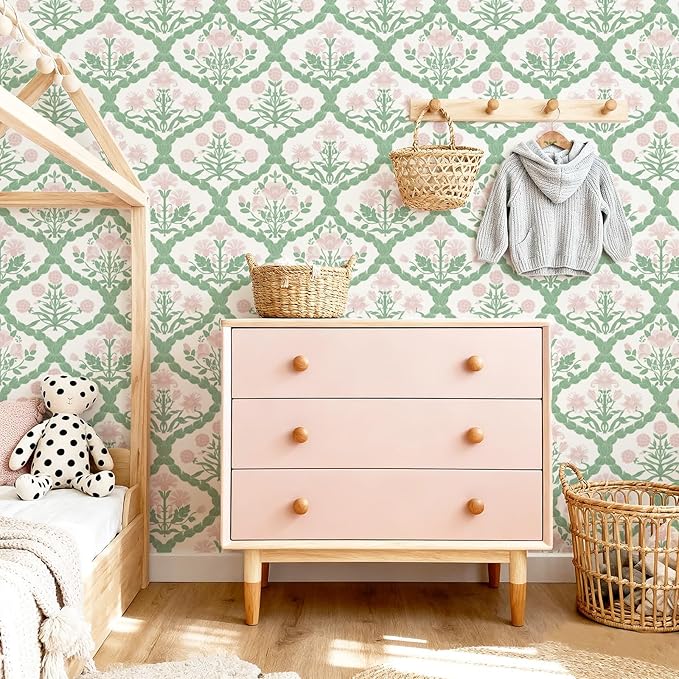 Pink Wallpaper, Rattan Weaving Floral Peel and Stick Wallpaper Boho Wall Paper Morris Style Removable Self Adhesive Bathroom Bedroom Thicken 17.3" x 78.7" - Image 5