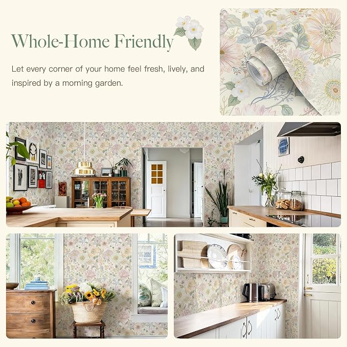 Dimoon Peel and Stick Wallpaper Floral Pink Contact Paper Cottage Wallpaper Modern Boho Farmhouse Removable Renter Friendly Waterproof Wall Paper for Cabinets Kitchen Botanical Vinyl 78.7" x 17.3" - Image 8
