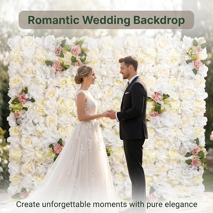 Flower Wall Backdrop, 12 Panels, 16.5x16.5 Inch, Ivory White | 3D design, realistic look, Seamless Design,eco-friendly,easy to assemble,reusable,.Suitable for weddings,Party,home décor - Image 9