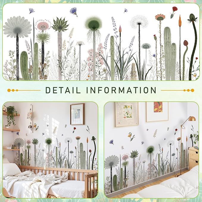 2 Pack Floral Baseboard Wall Stickers - Removable Peel & Stick Decals (3 Styles: Reeds, Flowers, Dandelions) - DIY Home Decor for Kids Girls Walls, Nursery, Classroom Wall Corner (Dandelions) - Image 3