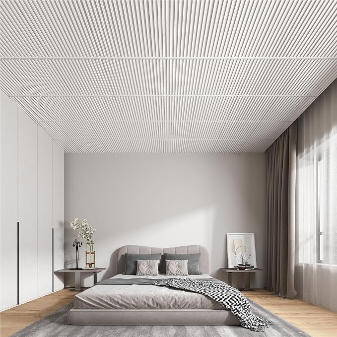 WOWSTAR 24-Pack 24"x24" Drop Ceiling Tiles, Waterproof Glue up PVC Ceiling Panels, Modern Style 3D Slat Wall Panels, White - Image 7
