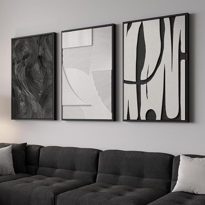 3D Large Framed Black and White Abstract Wall Art for Living Room, 3 Piece | Wood Frames, Sandstone Textured Paintings, Modern Sculptural Artwork for Walls, 24x36 In Pictures Wall Decor Bedroom Office - Image 4
