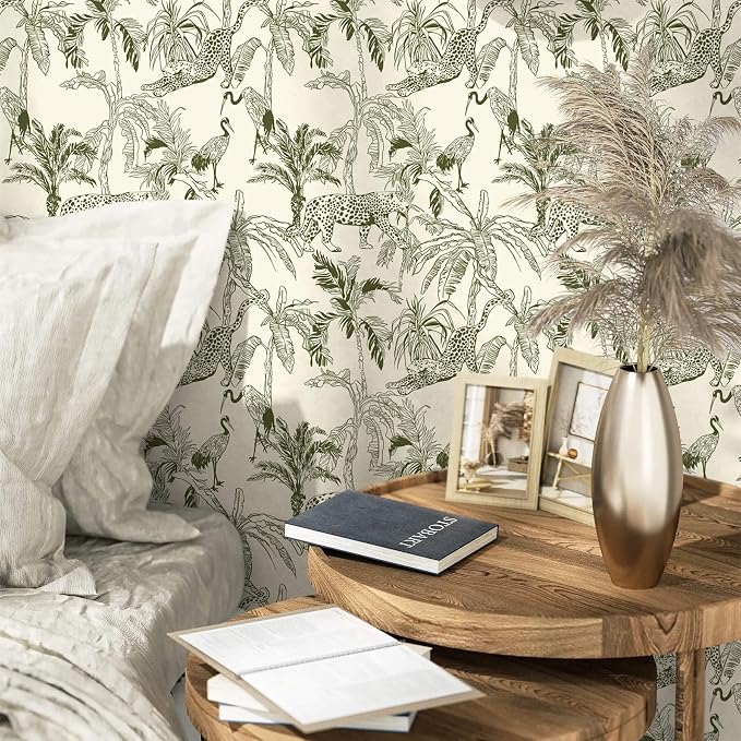 Heroad Boho Jungle Peel and Stick Wallpaper Beige and Green Contact Paper 17.3"x78.7" Animal Wall Paper Removable Self Adhesive Leopard Wallpaper for Cabinets Waterproof Bathroom Vinyl Roll - Image 9
