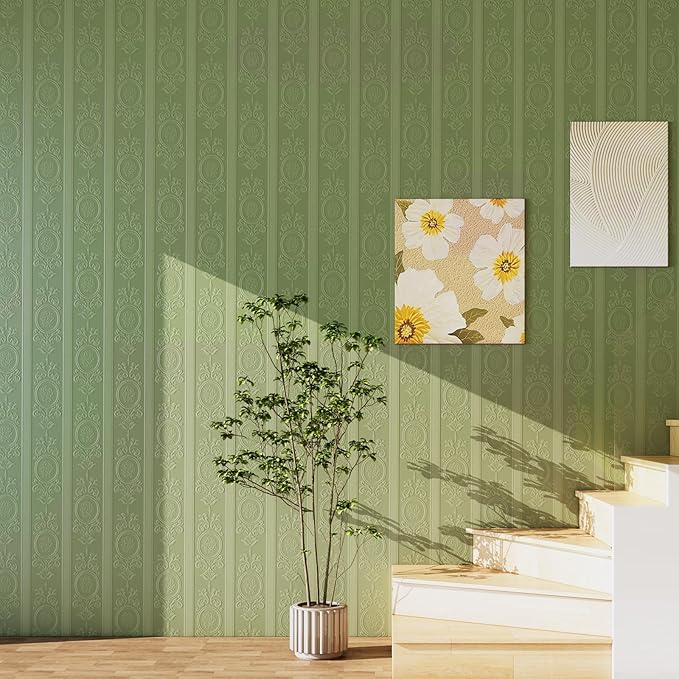 JiffDiff Green 3D Embossed Textured Peel Stick Wallpaper 17.3"x120" | Removable Renter Friendly Contact Paper, Waterproof Self Adhesive Wallpaper for Bedroom, Bathroom, Decor,14.4 sq. - Image 5