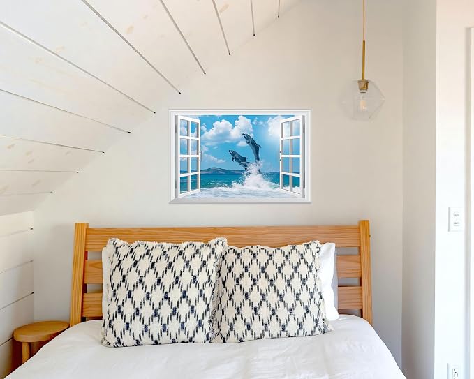 FLFK Fake Window Wall Sticker - Ocean Dolphins Faux Window Wall Mural for Wall Decor, Stick and Peel Wall Decals,24"x16" - Image 4