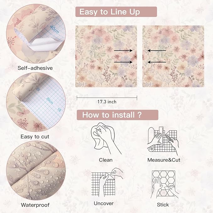 Guvana Peel and Stick Wallpaper Pink Floral Wall Paper French Country Vintage Contact Paper Neutral Botanical Self Adhesive Removable Wallpaper for Living Room Stairwell Bedroom Cabinet 17.3"×197" - Image 5