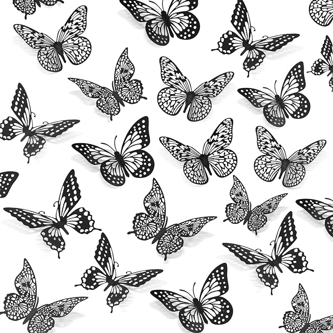 SAOROPEB 3D Butterfly Wall Decor 48 Pcs Black Butterfly Decoration Sticker | 4 Styles 3 Sizes Butterfly Birthday Decorations Butterfly Party Decorations Cake Decorations, Removable Stickers by SAOROPEB