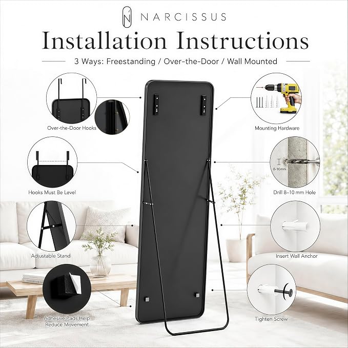 NARCISSUS Full Length Mirror 57x20 Inch, Over The Door Mirror with Stand, Wall Mounted or Freestanding/Door Hanging Full Body, Aluminum Alloy Frame, Black - Image 7