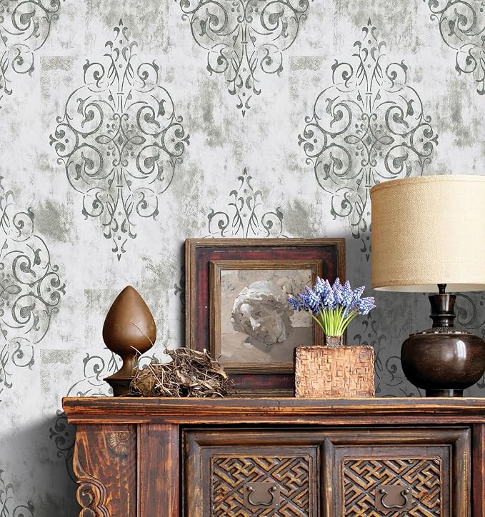 HAOKHOME White Gray Damask Peel and Stick Wallpaper Vintage Victorian | Textured Removable Wall Paper Victorian Farmhouse French Country Waterproof Neutral Brown Bathroom Bedroom 17.3in x 9.8ft - Image 4