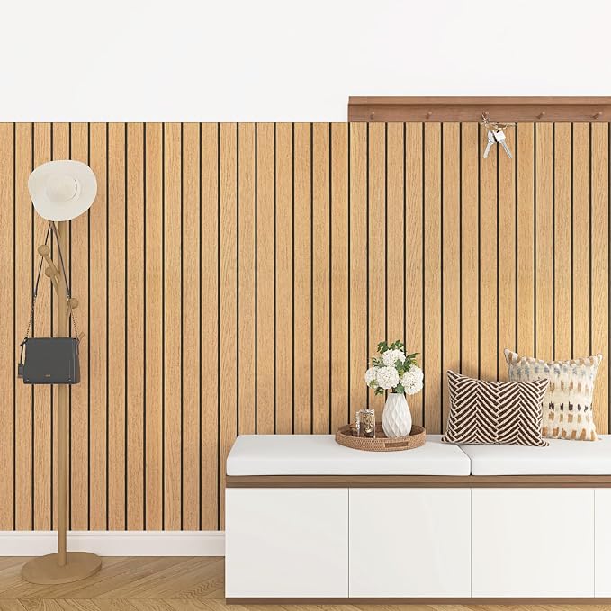 Brown Peel and Stick Wood Panels 3D Faux Wood Slat Wall Paneling | Removable Self Adhesive Wooden Slat Panel Wallpaper for Bedroom TV Background Cabinets PVC Plank Stick on Walls 11.8" x 118" - Image 4