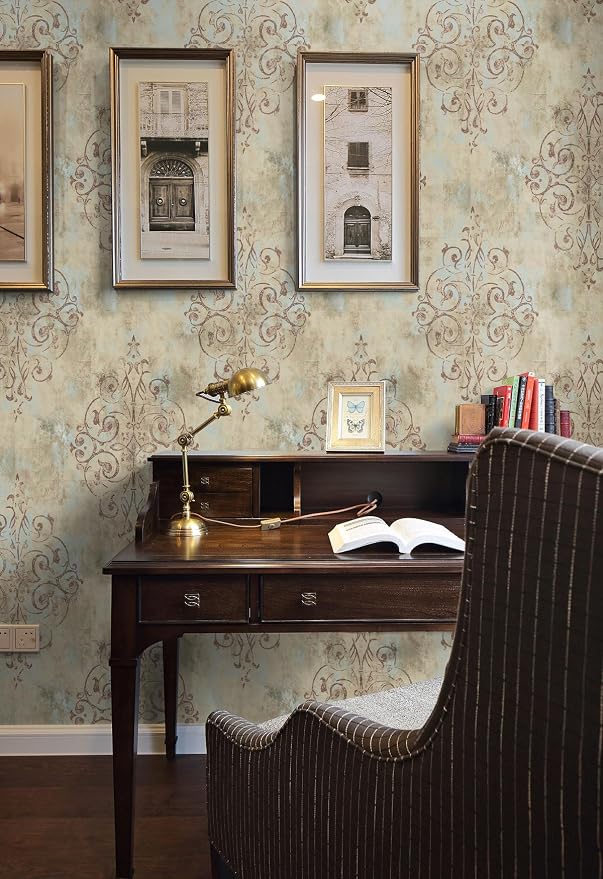 HAOKHOME Vintage Damask Peel and Stick Wallpaper for Bedroom 17.3in x32.8ft | Textured Removable Self Adhesive Wall Paper French Country Victorian Traditional Farmhouse Elegant Mist Blue Brown Bathroom - Image 7