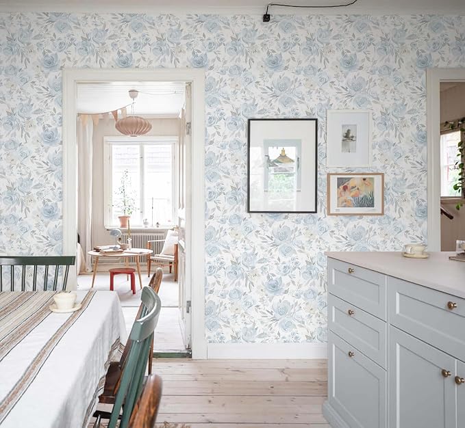 Heroad Blue Floral Wallpaper Peel and Stick Wallpaper Flower Contact Paper 17.3''x196'' Rose Removable Self-Adhesive Wall Paper for Cabinets Bedroom Bathroom Stick on Walls Papel Tapiz para Pared - Image 4