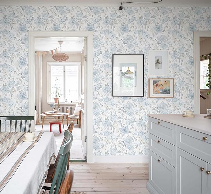 Heroad 17.3''x393'' Floral Wallpaper Peel and Stick Wallpaper Blue Flower Contact Paper Rose Removable Self-Adhesive Wall Paper for Cabinets Bedroom Bathroom Stick on Walls Papel Tapiz para Pared - Image 5