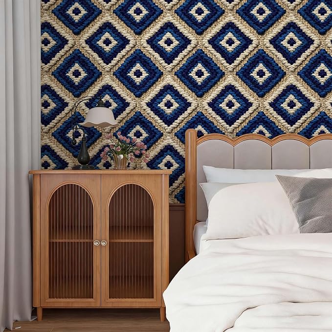 Stickorama Boho Tufted Textured Geometric Fabric Peel and Stick Wallpaper Self Adhesive 17.72" x 118.12'' Navy Blue Rhombus Wall Paper Renter Friendly Removable Waterproof for Living Room Bedroom - Image 5