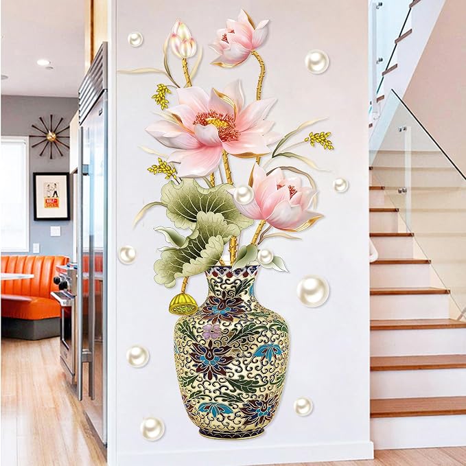 Chinese Style Lotus Flower Vase Wall Sticker, 24"x47" Classical Lotus Flower Wall Decals Murals Peel and Stick 3D Wall Art Stickers for Girls Bedroom Nursery Living Room TV Home Decor - Image 6