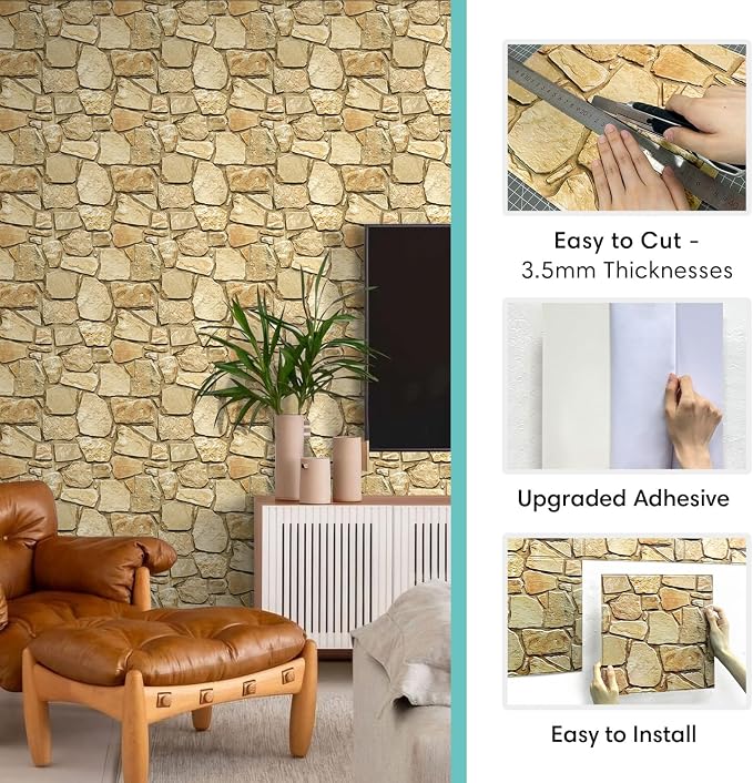 Commomy 3D Faux Stone Wall Panels Peel and Stick 10 Pcs 11.8" x 11.8" | Ultralight Thin PVC Fake Rock Wallpaper DIY Wall Covering Decorative Tiles for Kitchen Backsplash,Bedroom (Covers 9.7 sq.ft) - Image 5