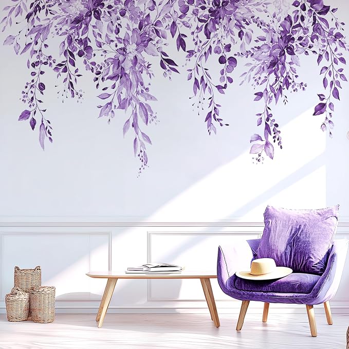 Purple Plants Leaves Hanging Vines Wall Decals, Floral Flower Wall Stickers | Watercolor vine leaf peel and stick wall decor, removable self‑adhesive vinyl wall art mural for bedroom living room by VePret