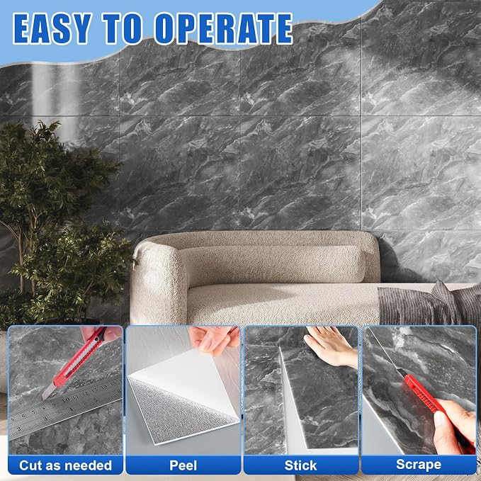 Nuanchu 36 Pcs Peel and Stick Shower Waterproof Tiles Wall Panels 12 x 12 Inch Self Adhesive Backsplash with Ruler Knife & 2 Scrapers for Washroom Bathroom Living Room, Not Real Tile (Dark Gray) - Image 4