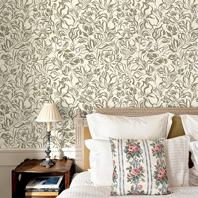 Ismoon Vintage Floral Wallpaper Peel and Stick Beige and Green Contact Paper 17.3in x 32.8ft Peony Flower Abstract Striped Floral Wallpaper for Bathroom Bedroom Removable Vinyl Renter Friendly - Image 2