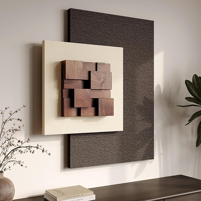 Large Wood Abstract Wall Art for Living Room, Modern 3D Artwork for Walls | Textured paintings, Big woodern layered sculpture, Neutral beige brown tone, Bedroom dining room office wall decor aesthetic by Cuspin