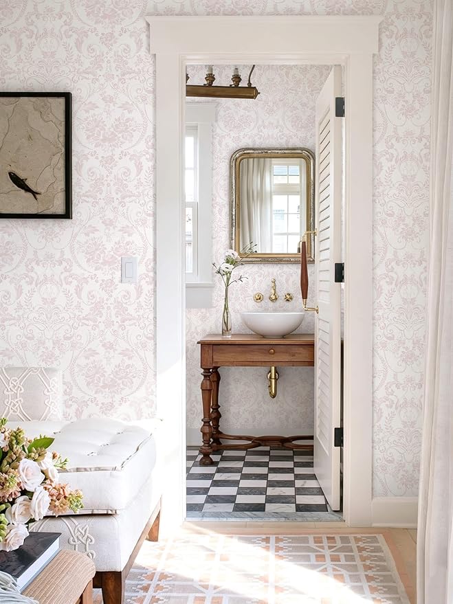 Peel and Stick Wallpaper for Bedroom Pink Damask Floral Self-Adhesive | 393"×17.3" White & Pink Vintage Scroll Removable Waterproof Vinyl Wall Decor for Bathroom, Nursery, Furniture Refinish - Image 4
