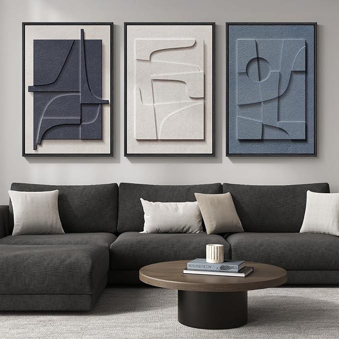 Large Framed Blue Abstract Wall Art for Living Room, Modern 3D Artwork | Solid wood frame, Navy blue and white pictures, Set of 3 piece big 24x36 in, Textured paintings wall decor bedroom office - Image 2