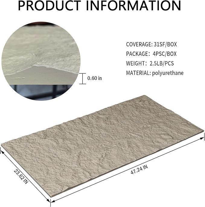 4-Pack 3D Faux Stone Wall Panels Rock Wall Panel Gray | 47.24"*23.62" PU Wall Panels Stone Texture for Interior Wall Decor, Lightweight & Waterproof - Image 3